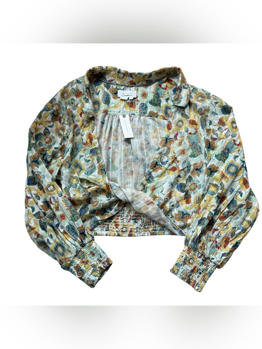Anthropologie Floral Smocked Crop Blouse Balloon Sleeve Cottagecore Top L NWT